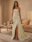 Satin Mermaid Strapless Long Evening Dresses with Slit