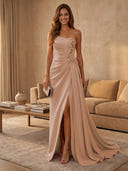 Satin Mermaid Strapless Long Evening Dresses with Slit