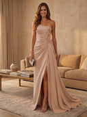 Satin Mermaid Strapless Long Evening Dresses with Slit
