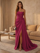 Satin Mermaid Strapless Long Evening Dresses with Slit