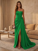 Satin Mermaid Strapless Long Evening Dresses with Slit