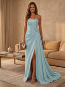 Satin Mermaid Strapless Long Evening Dresses with Slit