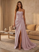 Satin Mermaid Strapless Long Evening Dresses with Slit