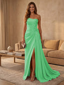 Satin Mermaid Strapless Long Evening Dresses with Slit
