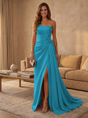 Satin Mermaid Strapless Long Evening Dresses with Slit
