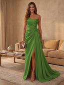 Satin Mermaid Strapless Long Evening Dresses with Slit