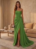 Satin Mermaid Strapless Long Evening Dresses with Slit