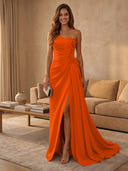 Satin Mermaid Strapless Long Evening Dresses with Slit