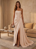 Satin Mermaid Strapless Long Evening Dresses with Slit