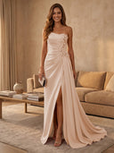 Satin Mermaid Strapless Long Evening Dresses with Slit