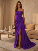 Satin Mermaid Strapless Long Evening Dresses with Slit