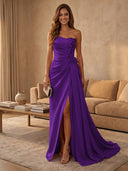 Satin Mermaid Strapless Long Evening Dresses with Slit