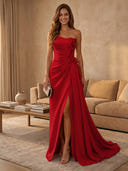 Satin Mermaid Strapless Long Evening Dresses with Slit