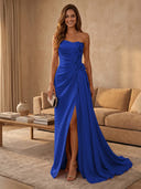 Satin Mermaid Strapless Long Evening Dresses with Slit