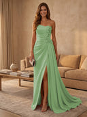 Satin Mermaid Strapless Long Evening Dresses with Slit
