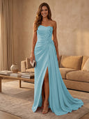 Satin Mermaid Strapless Long Evening Dresses with Slit
