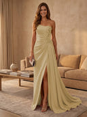 Satin Mermaid Strapless Long Evening Dresses with Slit