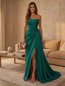 Satin Mermaid Strapless Long Evening Dresses with Slit
