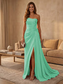 Satin Mermaid Strapless Long Evening Dresses with Slit