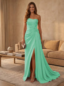 Satin Mermaid Strapless Long Evening Dresses with Slit