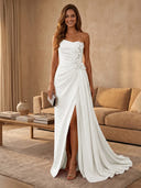 Satin Mermaid Strapless Long Evening Dresses with Slit