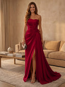 Satin Mermaid Strapless Long Evening Dresses with Slit
