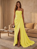 Satin Mermaid Strapless Long Evening Dresses with Slit