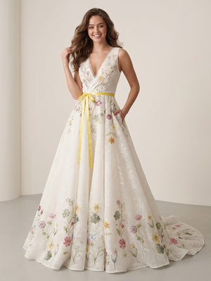 Lace A Line V Neck Long Evening Dresses with Embroidery