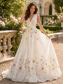Lace A Line V Neck Long Evening Dresses with Embroidery