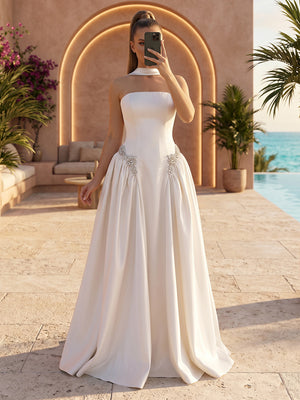 A Line Strapless Sleeveless Long Evening Dresses with Scarf