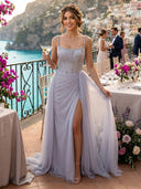 Mermaid Square Neck Sleeveless Long Evening Dresses with Slit