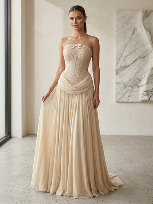 A Line Strapless Sleeveless Long Evening Dresses with Bow