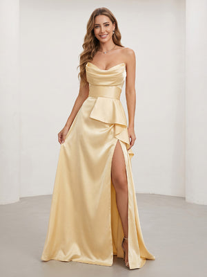 A Line Strapless Sleeveless Long Evening Dresses with Slit