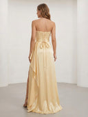 A Line Strapless Long Formal Dresses with Slit Wedding Guest Sleeveless Maxi Dresses