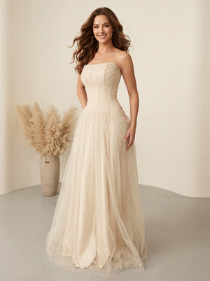 A Line Strapless Sleeveless Long Evening Dresses with Pearls