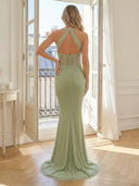 Mermaid Sequin Halter Sleeveless Long Evening Dresses with Beads