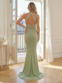 Mermaid Sequin Halter Sleeveless Long Evening Dresses with Beads