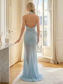Mermaid Sequin Halter Mermaid Long Evening Dresses with Slit
