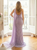 Mermaid Sequin Bead Strapless Long Evening Dresses with Pleated