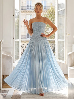 A Line Strapless Sleeveless Chiffon Long Evening Dresses
