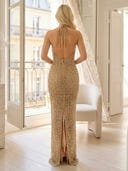 Mermaid Sequin Halter V Neck Long Evening Dresses with Bow