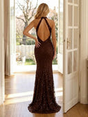 Mermaid Sequin Halter Long Evening Dresses with Lace