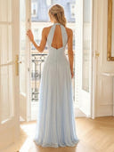 A Line Halter Chiffon Long Evening Dresses with Ruched