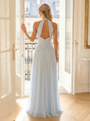 A Line Halter Chiffon Long Formal Dresses with Ruched Wedding Guest Maxi Dresses