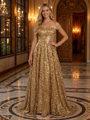 Sequin A Line Off Shoulder Long Evening Dresses