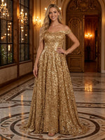 Sequin A Line Off Shoulder Long Evening Dresses