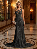 Sparkly Sequin Mermaid One Shoulder Long Evening Dresses with Ruffles