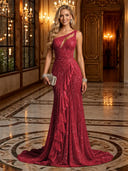 Sparkly Sequin Mermaid One Shoulder Long Evening Dresses with Ruffles