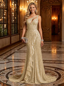 Sparkly Sequin Mermaid One Shoulder Long Evening Dresses with Ruffles