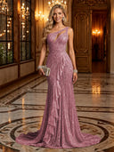 Sparkly Sequin Mermaid One Shoulder Long Evening Dresses with Ruffles